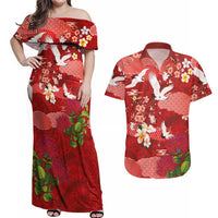 Hawaiian and Japanese Culture Together Couples Matching Off Shoulder Maxi Dress and Hawaiian Shirt Red Ohia Lehua Plumeria and Sakura Blooming LT03 Red - Polynesian Pride