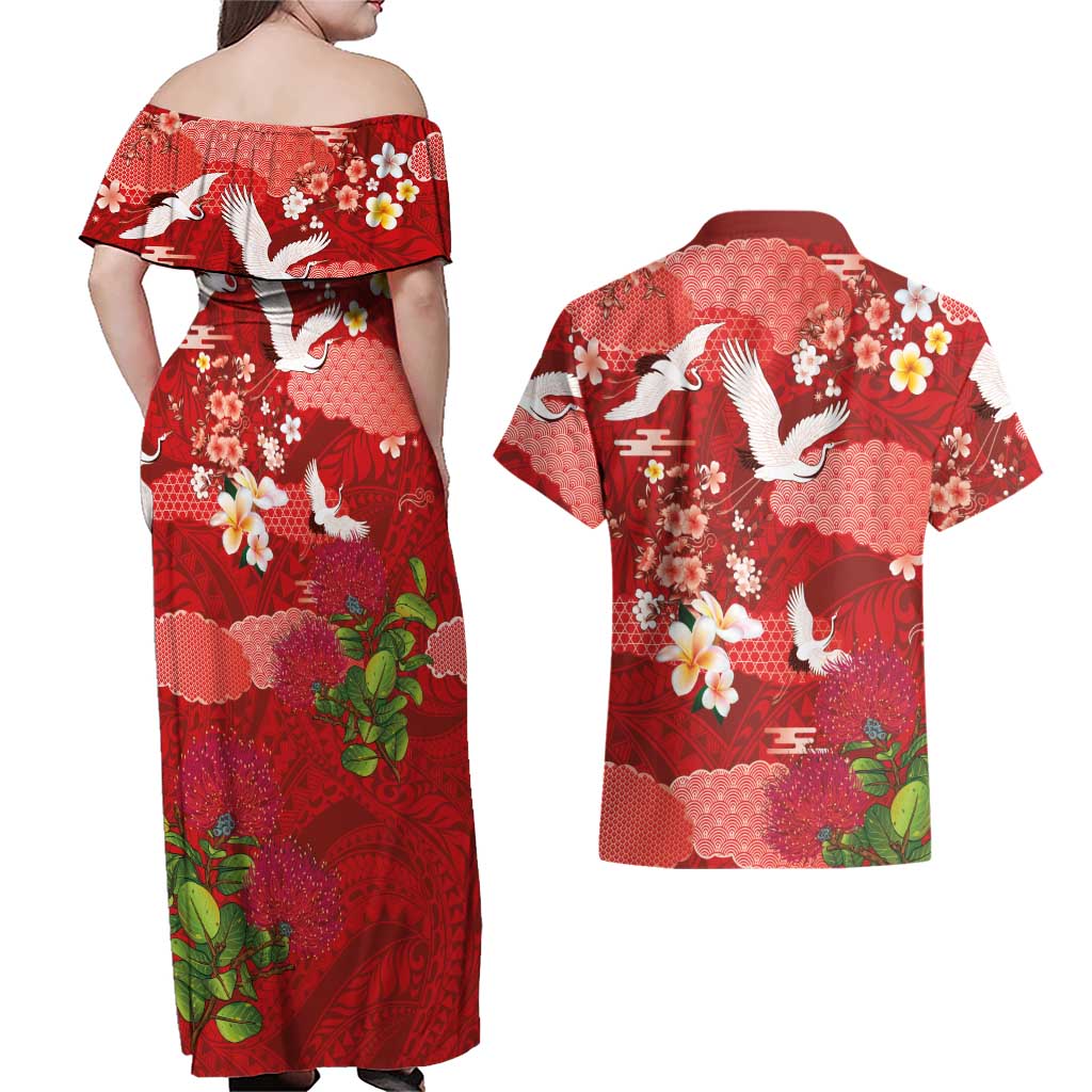 Hawaiian and Japanese Culture Together Couples Matching Off Shoulder Maxi Dress and Hawaiian Shirt Red Ohia Lehua Plumeria and Sakura Blooming LT03 - Polynesian Pride