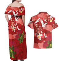 Hawaiian and Japanese Culture Together Couples Matching Off Shoulder Maxi Dress and Hawaiian Shirt Red Ohia Lehua Plumeria and Sakura Blooming LT03 - Polynesian Pride