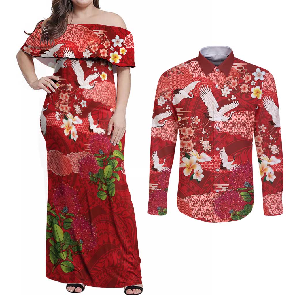 Hawaiian and Japanese Culture Together Couples Matching Off Shoulder Maxi Dress and Long Sleeve Button Shirt Red Ohia Lehua Plumeria and Sakura Blooming LT03 Red - Polynesian Pride