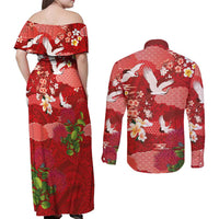 Hawaiian and Japanese Culture Together Couples Matching Off Shoulder Maxi Dress and Long Sleeve Button Shirt Red Ohia Lehua Plumeria and Sakura Blooming LT03 - Polynesian Pride
