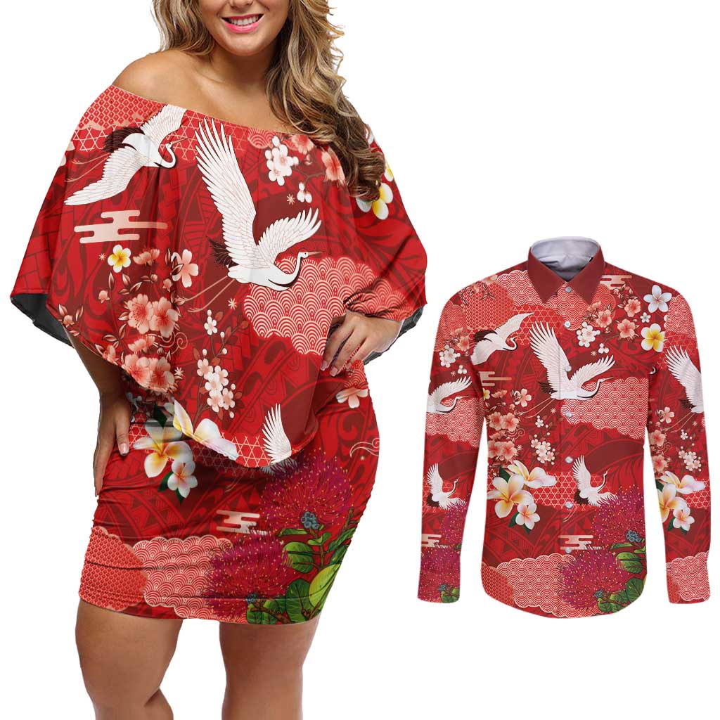 Hawaiian and Japanese Culture Together Couples Matching Off Shoulder Short Dress and Long Sleeve Button Shirt Red Ohia Lehua Plumeria and Sakura Blooming LT03 Red - Polynesian Pride