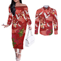 Hawaiian and Japanese Culture Together Couples Matching Off The Shoulder Long Sleeve Dress and Long Sleeve Button Shirt Red Ohia Lehua Plumeria and Sakura Blooming LT03 Red - Polynesian Pride