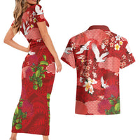 Hawaiian and Japanese Culture Together Couples Matching Short Sleeve Bodycon Dress and Hawaiian Shirt Red Ohia Lehua Plumeria and Sakura Blooming LT03 - Polynesian Pride
