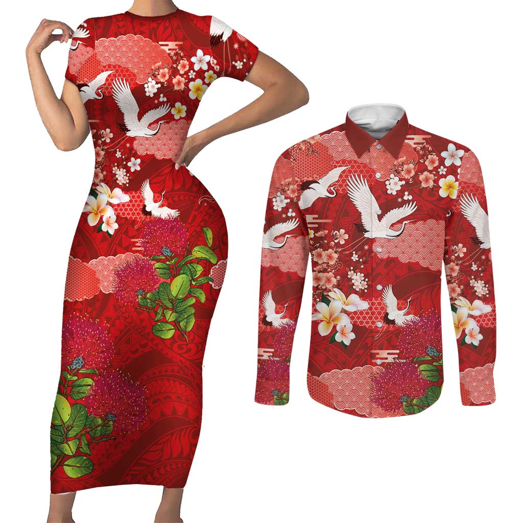 Hawaiian and Japanese Culture Together Couples Matching Short Sleeve Bodycon Dress and Long Sleeve Button Shirt Red Ohia Lehua Plumeria and Sakura Blooming - Polynesian Pride
