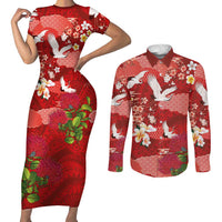 Hawaiian and Japanese Culture Together Couples Matching Short Sleeve Bodycon Dress and Long Sleeve Button Shirt Red Ohia Lehua Plumeria and Sakura Blooming LT03 Red - Polynesian Pride