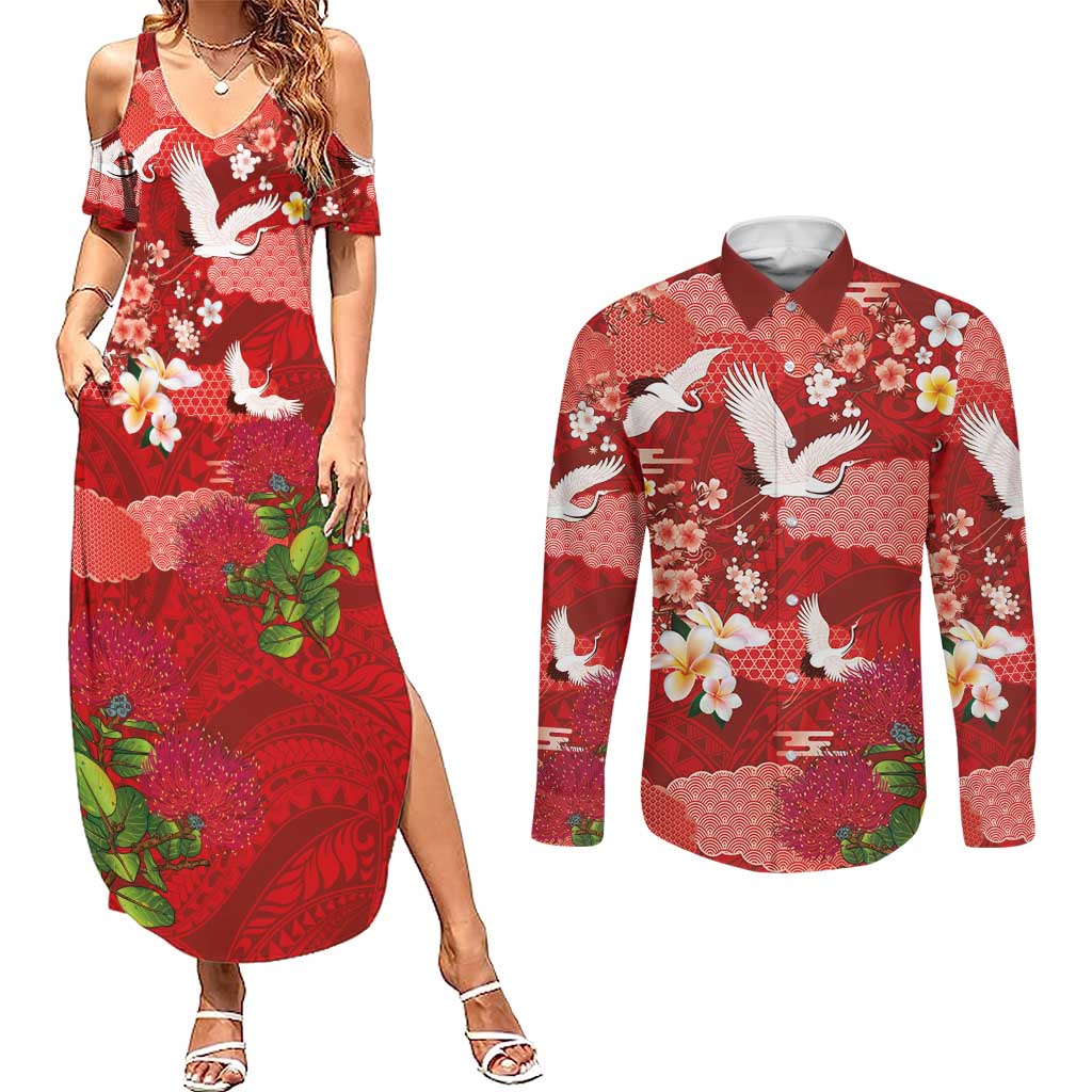 Hawaiian and Japanese Culture Together Couples Matching Summer Maxi Dress and Long Sleeve Button Shirt Red Ohia Lehua Plumeria and Sakura Blooming LT03 Red - Polynesian Pride