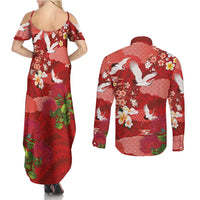 Hawaiian and Japanese Culture Together Couples Matching Summer Maxi Dress and Long Sleeve Button Shirt Red Ohia Lehua Plumeria and Sakura Blooming LT03 - Polynesian Pride