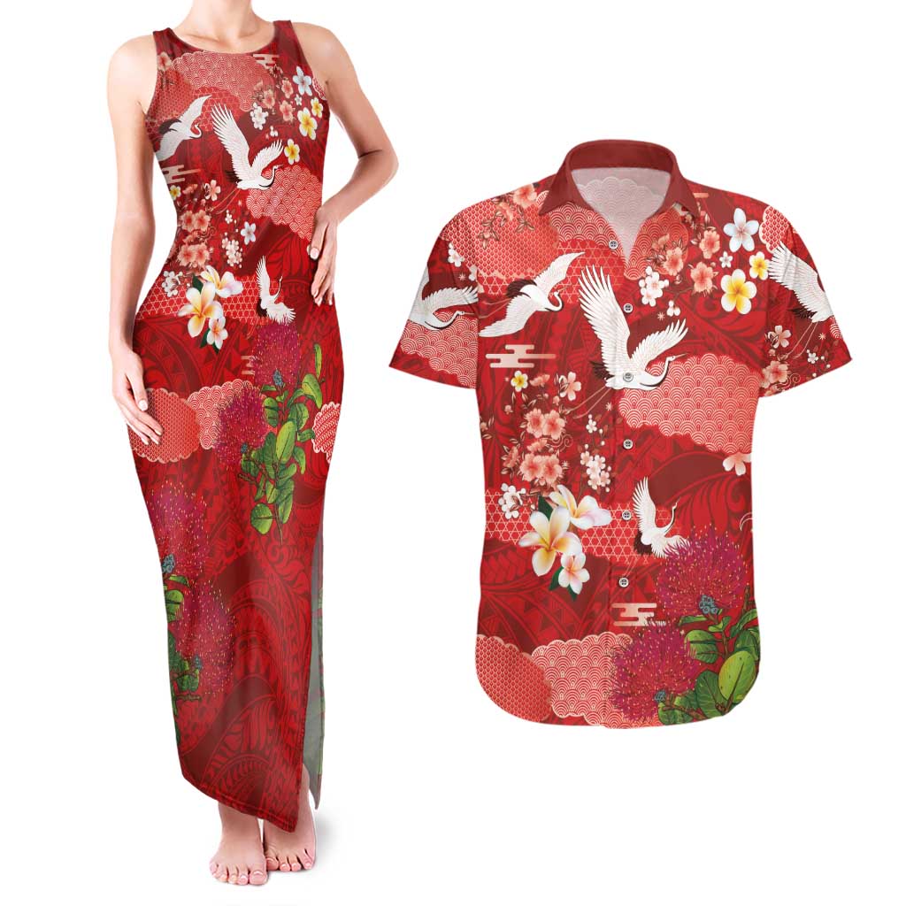 Hawaiian and Japanese Culture Together Couples Matching Tank Maxi Dress and Hawaiian Shirt Red Ohia Lehua Plumeria and Sakura Blooming - Polynesian Pride