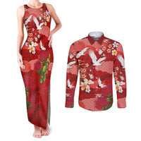 Hawaiian and Japanese Culture Together Couples Matching Tank Maxi Dress and Long Sleeve Button Shirt Red Ohia Lehua Plumeria and Sakura Blooming LT03 Red - Polynesian Pride