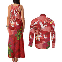 Hawaiian and Japanese Culture Together Couples Matching Tank Maxi Dress and Long Sleeve Button Shirt Red Ohia Lehua Plumeria and Sakura Blooming LT03 - Polynesian Pride