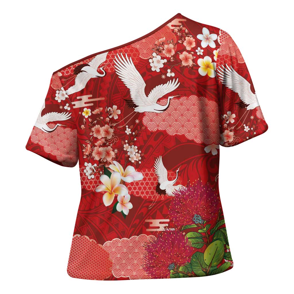 Hawaiian and Japanese Culture Together Cross Shoulder Shirt Red Ohia Lehua Plumeria and Sakura Blooming LT03 - Polynesian Pride