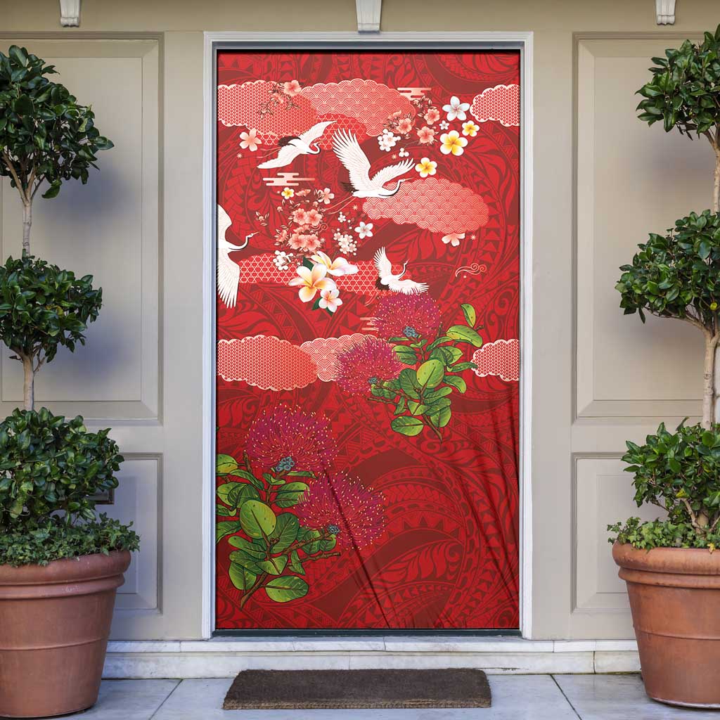 Hawaiian and Japanese Culture Together Door Cover Red Ohia Lehua Plumeria and Sakura Blooming LT03 Red - Polynesian Pride