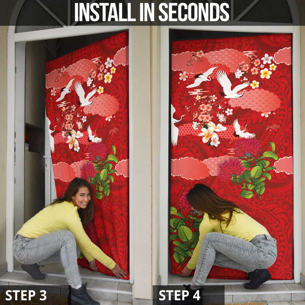 Hawaiian and Japanese Culture Together Door Cover Red Ohia Lehua Plumeria and Sakura Blooming LT03 - Polynesian Pride