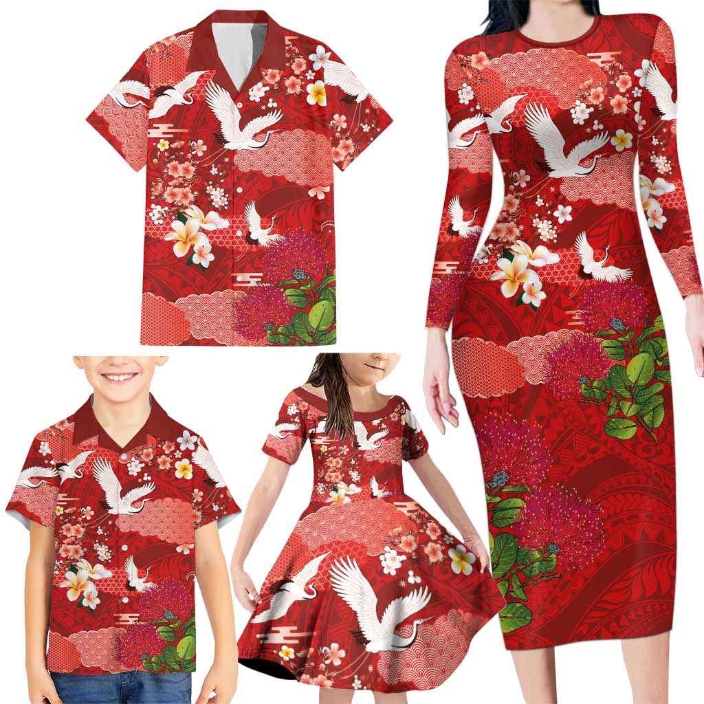 Hawaiian and Japanese Culture Together Family Matching Long Sleeve Bodycon Dress and Hawaiian Shirt Red Ohia Lehua Plumeria and Sakura Blooming LT03 - Polynesian Pride