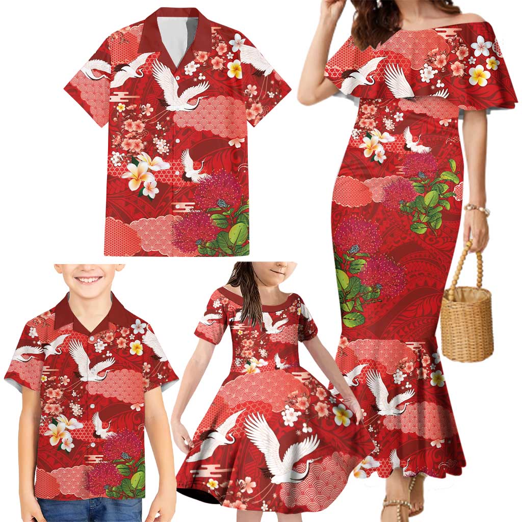 Hawaiian and Japanese Culture Together Family Matching Mermaid Dress and Hawaiian Shirt Red Ohia Lehua Plumeria and Sakura Blooming - Polynesian Pride