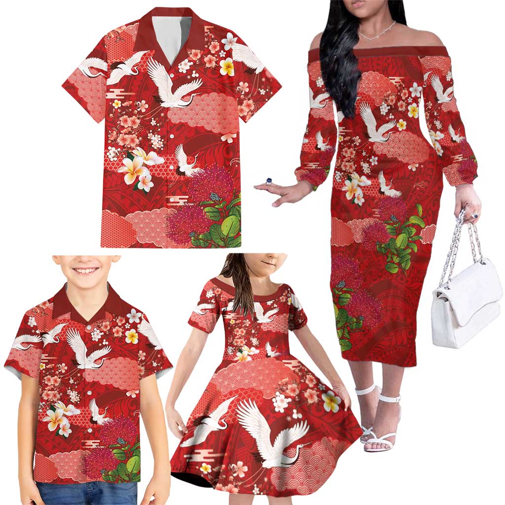 Hawaiian and Japanese Culture Together Family Matching Off The Shoulder Long Sleeve Dress and Hawaiian Shirt Red Ohia Lehua Plumeria and Sakura Blooming - Polynesian Pride