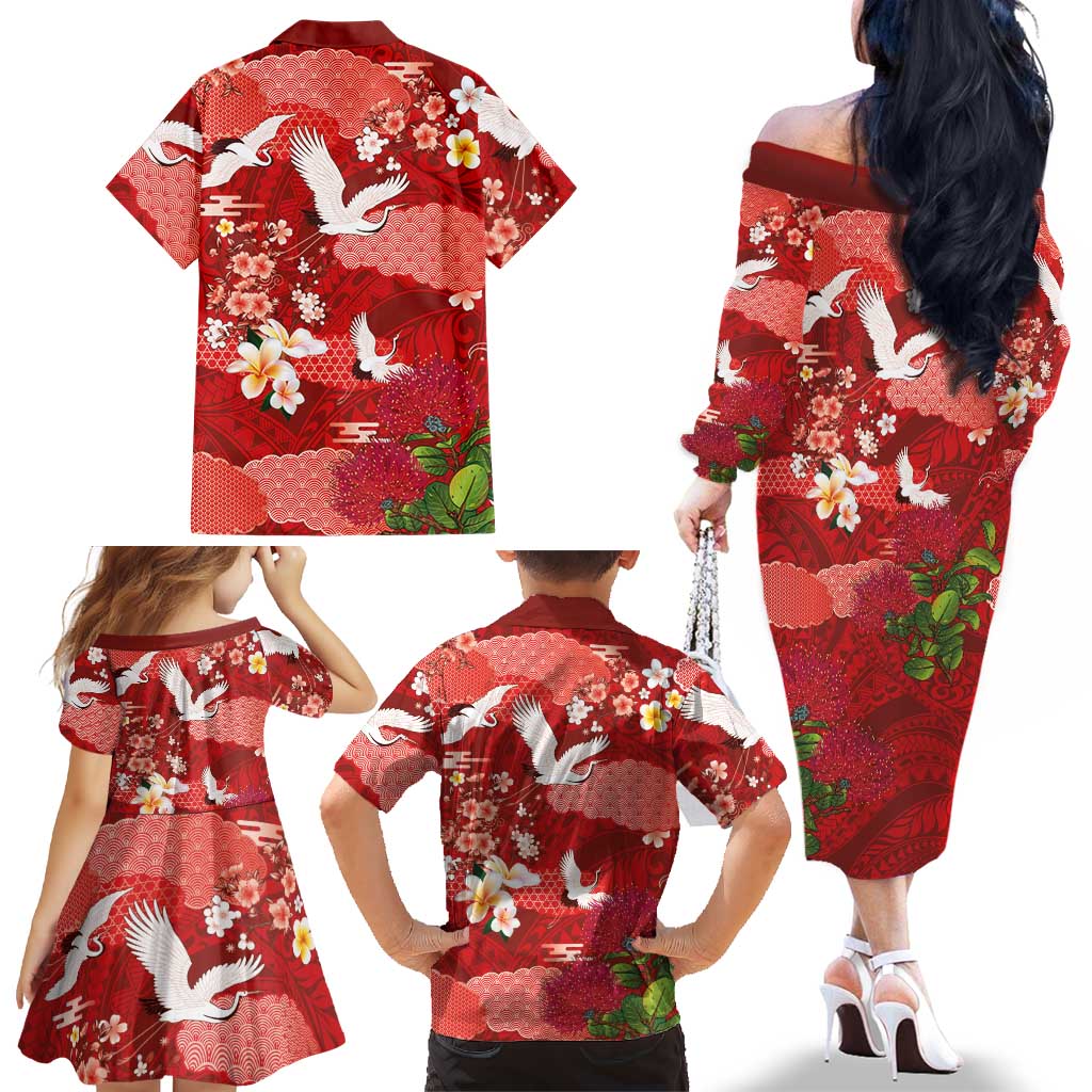 Hawaiian and Japanese Culture Together Family Matching Off The Shoulder Long Sleeve Dress and Hawaiian Shirt Red Ohia Lehua Plumeria and Sakura Blooming LT03 - Polynesian Pride