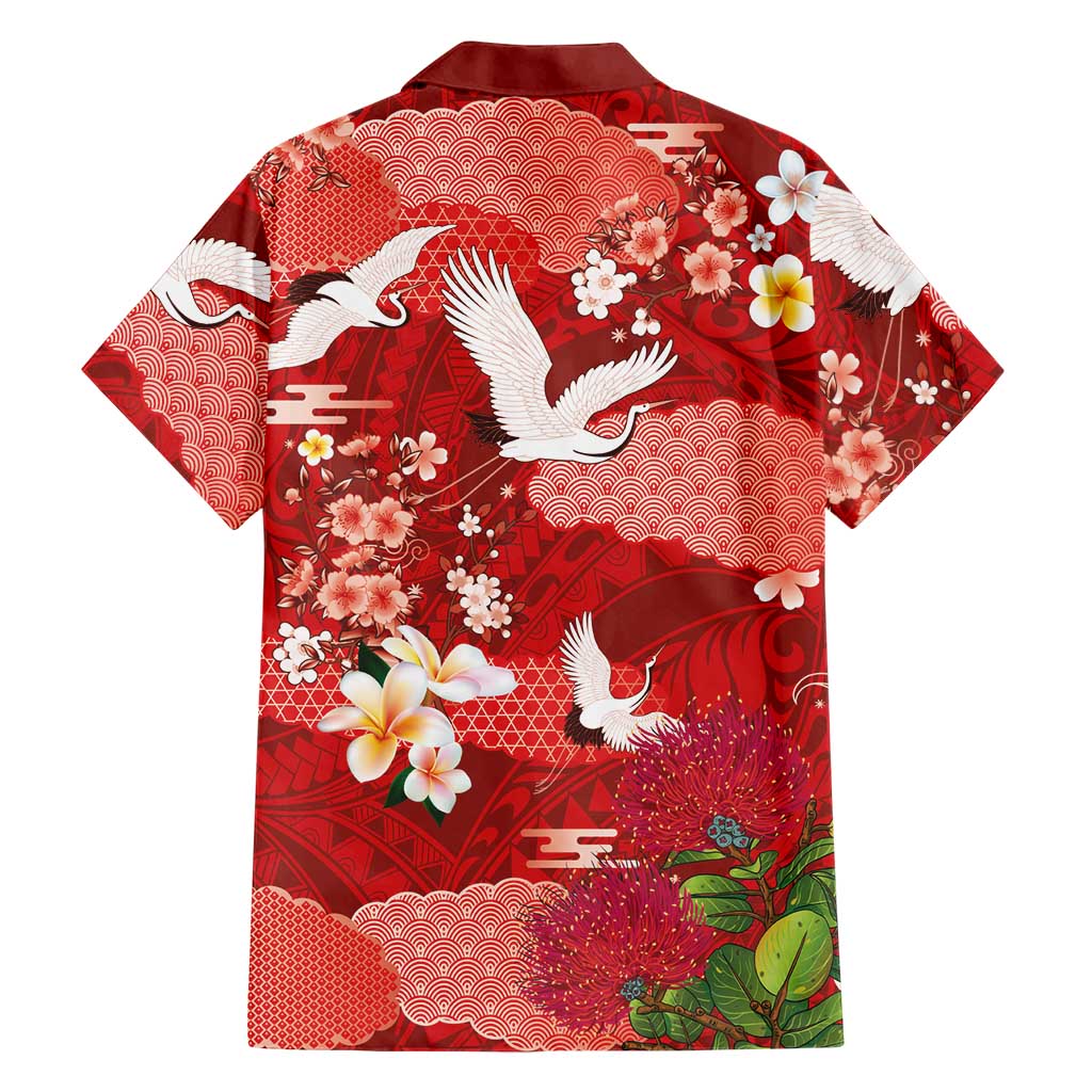 Hawaiian and Japanese Culture Together Family Matching Off Shoulder Maxi Dress and Hawaiian Shirt Red Ohia Lehua Plumeria and Sakura Blooming LT03 - Polynesian Pride