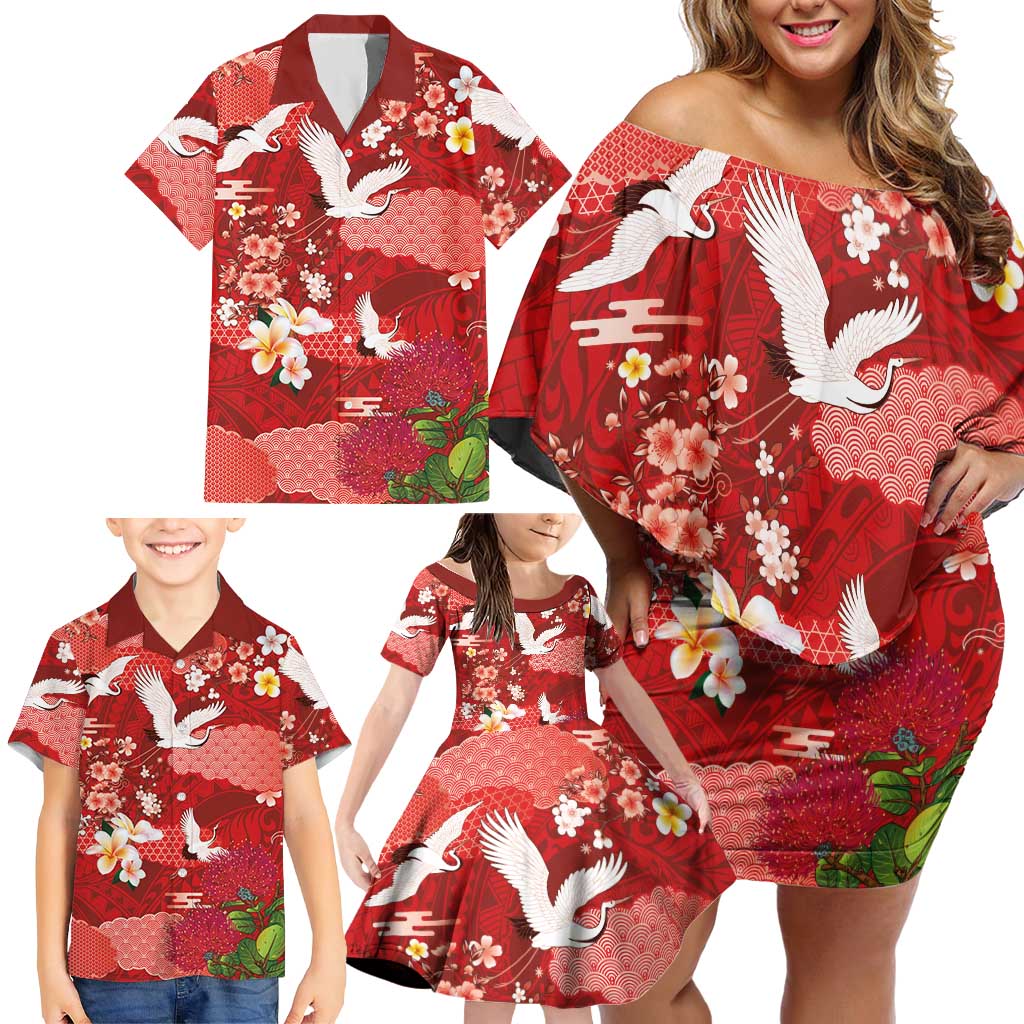 Hawaiian and Japanese Culture Together Family Matching Off Shoulder Short Dress and Hawaiian Shirt Red Ohia Lehua Plumeria and Sakura Blooming - Polynesian Pride