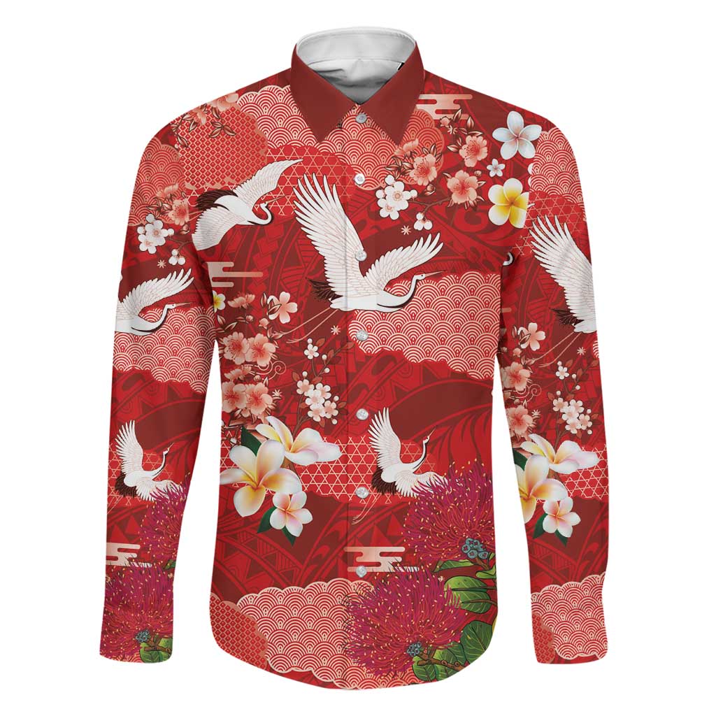 Hawaiian and Japanese Culture Together Family Matching Off Shoulder Short Dress and Hawaiian Shirt Red Ohia Lehua Plumeria and Sakura Blooming LT03 Dad's Shirt - Long Sleeve Red - Polynesian Pride