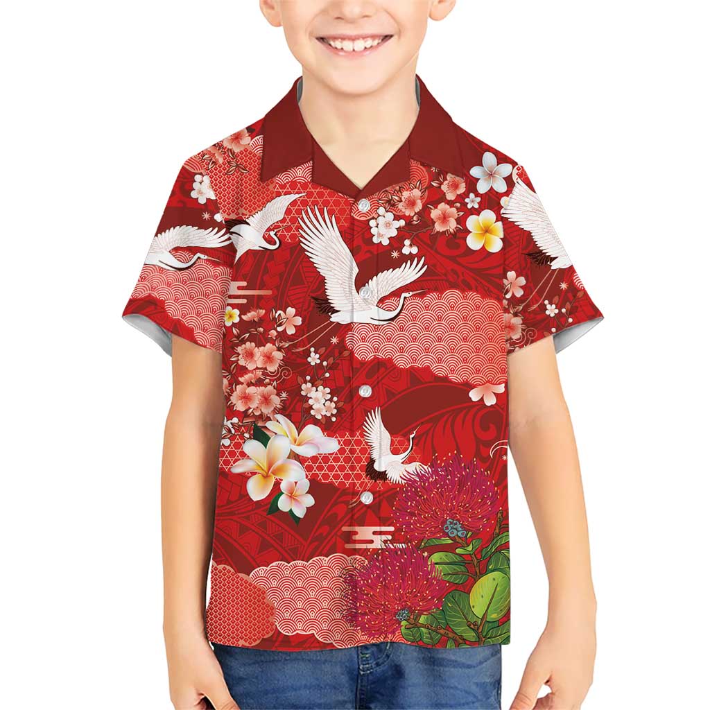 Hawaiian and Japanese Culture Together Family Matching Off Shoulder Short Dress and Hawaiian Shirt Red Ohia Lehua Plumeria and Sakura Blooming LT03 Son's Shirt Red - Polynesian Pride