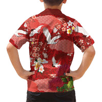 Hawaiian and Japanese Culture Together Family Matching Short Sleeve Bodycon Dress and Hawaiian Shirt Red Ohia Lehua Plumeria and Sakura Blooming LT03 - Polynesian Pride