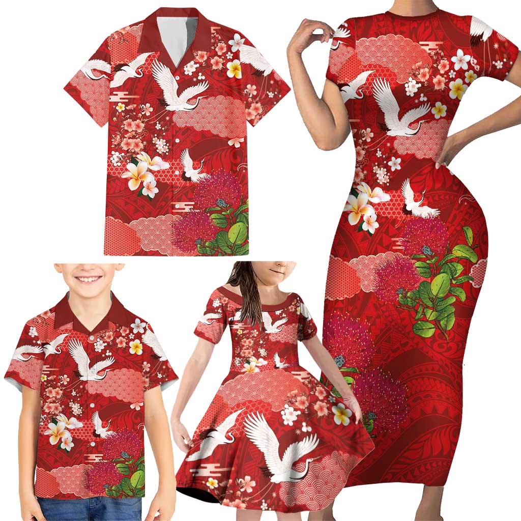 Hawaiian and Japanese Culture Together Family Matching Short Sleeve Bodycon Dress and Hawaiian Shirt Red Ohia Lehua Plumeria and Sakura Blooming - Polynesian Pride