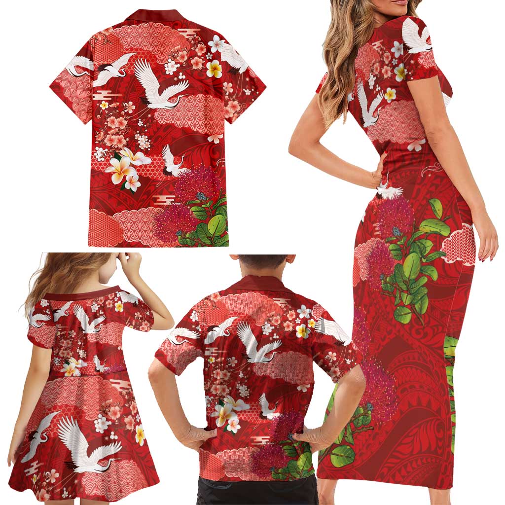 Hawaiian and Japanese Culture Together Family Matching Short Sleeve Bodycon Dress and Hawaiian Shirt Red Ohia Lehua Plumeria and Sakura Blooming LT03 - Polynesian Pride