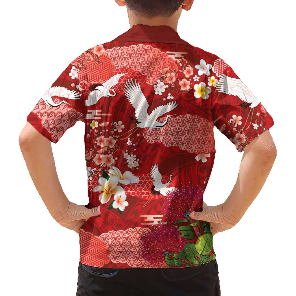 Hawaiian and Japanese Culture Together Family Matching Summer Maxi Dress and Hawaiian Shirt Red Ohia Lehua Plumeria and Sakura Blooming LT03 - Polynesian Pride