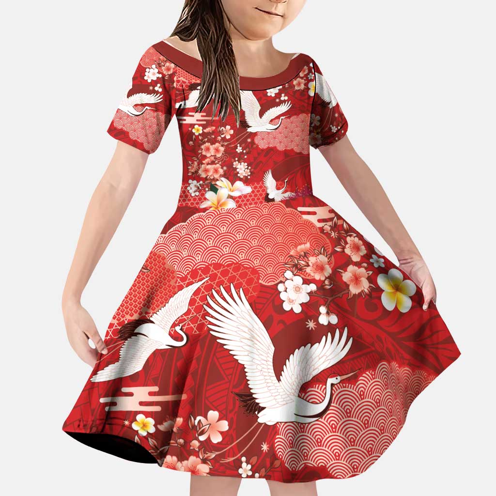 Hawaiian and Japanese Culture Together Family Matching Summer Maxi Dress and Hawaiian Shirt Red Ohia Lehua Plumeria and Sakura Blooming LT03 Daughter's Dress Red - Polynesian Pride