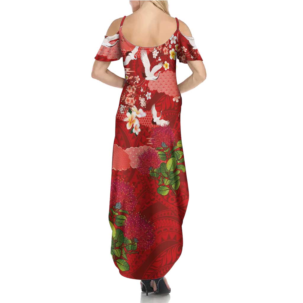Hawaiian and Japanese Culture Together Family Matching Summer Maxi Dress and Hawaiian Shirt Red Ohia Lehua Plumeria and Sakura Blooming LT03 - Polynesian Pride