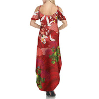 Hawaiian and Japanese Culture Together Family Matching Summer Maxi Dress and Hawaiian Shirt Red Ohia Lehua Plumeria and Sakura Blooming LT03 - Polynesian Pride