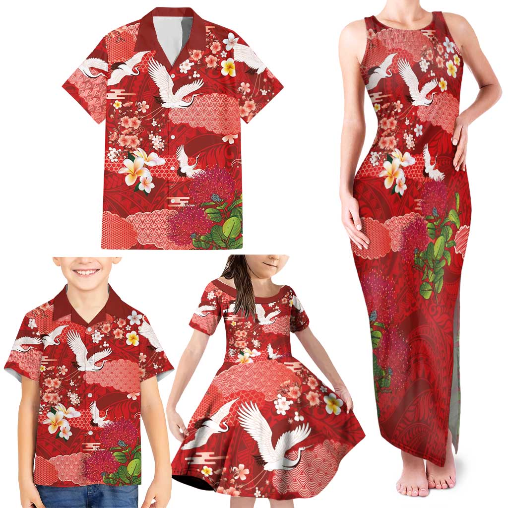 Hawaiian and Japanese Culture Together Family Matching Tank Maxi Dress and Hawaiian Shirt Red Ohia Lehua Plumeria and Sakura Blooming LT03 - Polynesian Pride
