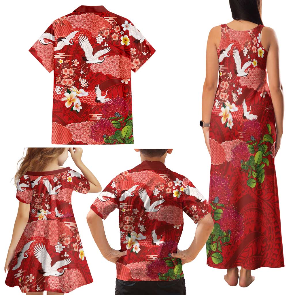 Hawaiian and Japanese Culture Together Family Matching Tank Maxi Dress and Hawaiian Shirt Red Ohia Lehua Plumeria and Sakura Blooming LT03 - Polynesian Pride