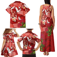 Hawaiian and Japanese Culture Together Family Matching Tank Maxi Dress and Hawaiian Shirt Red Ohia Lehua Plumeria and Sakura Blooming LT03 - Polynesian Pride