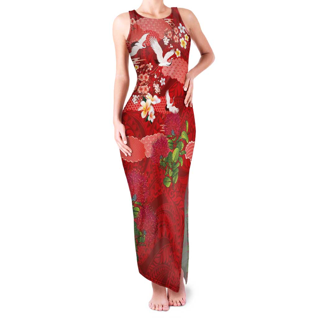 Hawaiian and Japanese Culture Together Family Matching Tank Maxi Dress and Hawaiian Shirt Red Ohia Lehua Plumeria and Sakura Blooming LT03 Mom's Dress Red - Polynesian Pride