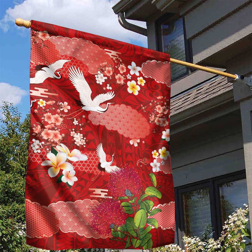 Hawaiian and Japanese Culture Together Garden Flag Red Ohia Lehua Plumeria and Sakura Blooming LT03 - Polynesian Pride