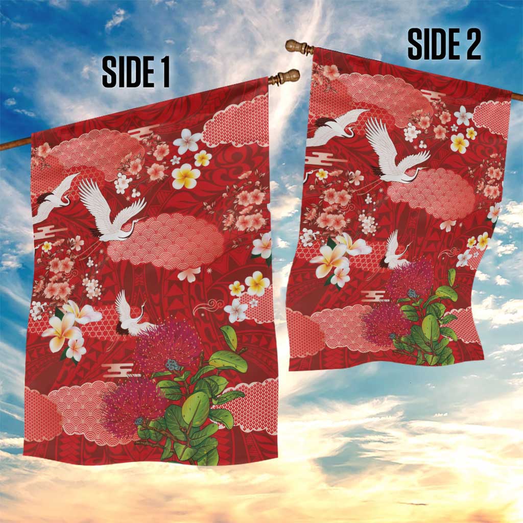 Hawaiian and Japanese Culture Together Garden Flag Red Ohia Lehua Plumeria and Sakura Blooming LT03 - Polynesian Pride