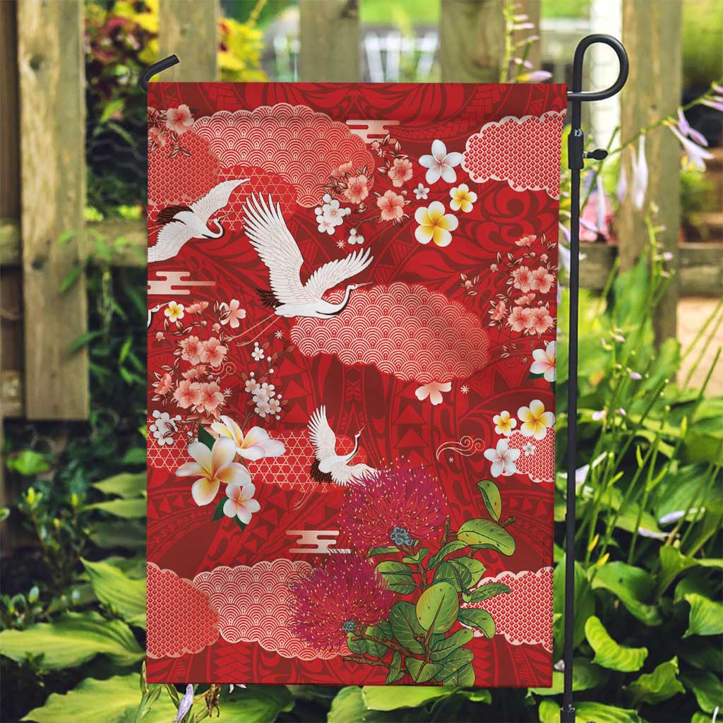 Hawaiian and Japanese Culture Together Garden Flag Red Ohia Lehua Plumeria and Sakura Blooming LT03 Garden Flag Red - Polynesian Pride
