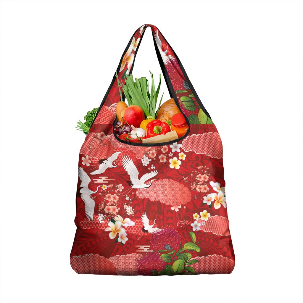 Hawaiian and Japanese Culture Together Grocery Bag Red Ohia Lehua Plumeria and Sakura Blooming LT03 1-pack One Size Red - Polynesian Pride
