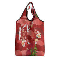 Hawaiian and Japanese Culture Together Grocery Bag Red Ohia Lehua Plumeria and Sakura Blooming LT03 - Polynesian Pride