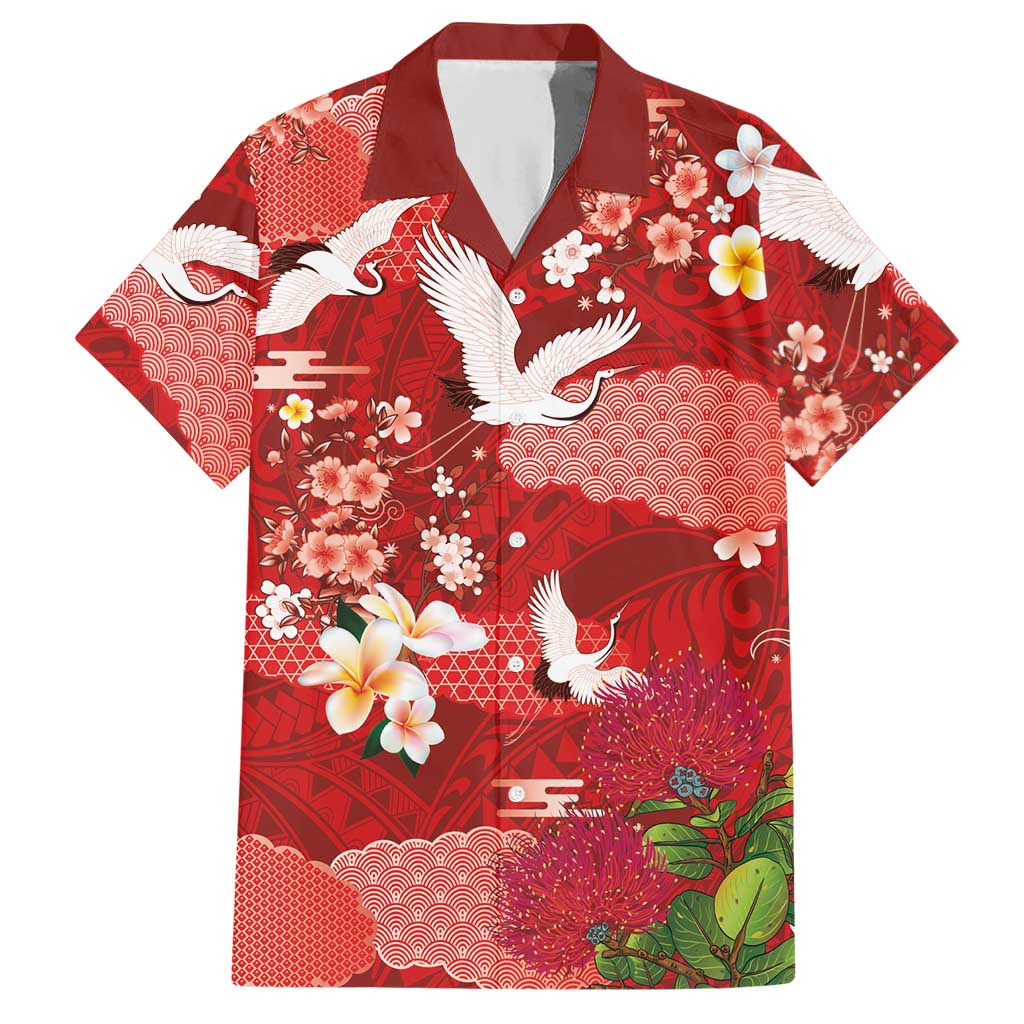 Hawaiian and Japanese Culture Together Hawaiian Shirt Red Ohia Lehua Plumeria and Sakura Blooming LT03 Red - Polynesian Pride