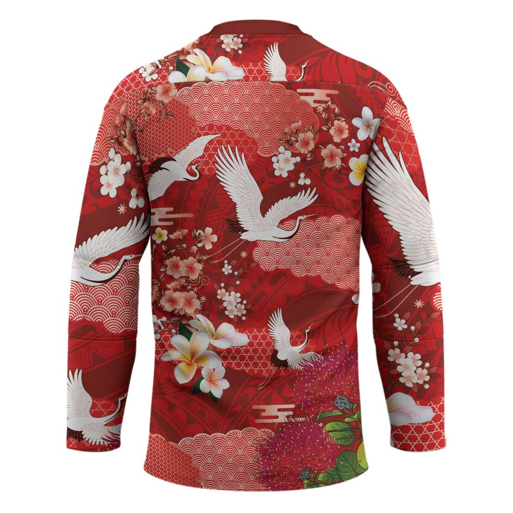 Hawaiian and Japanese Culture Together Hockey Jersey Red Ohia Lehua Plumeria and Sakura Blooming LT03 - Polynesian Pride