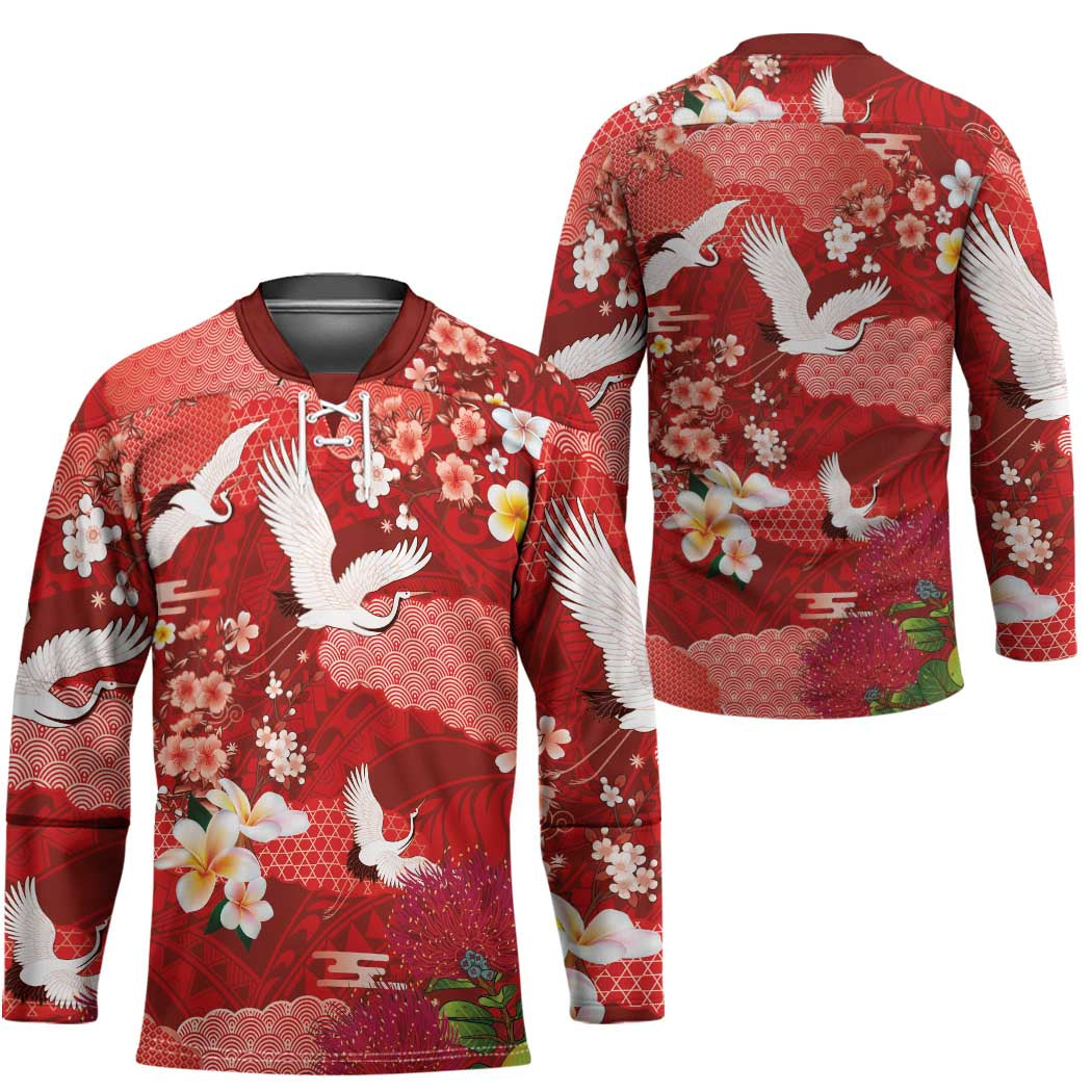 Hawaiian and Japanese Culture Together Hockey Jersey Red Ohia Lehua Plumeria and Sakura Blooming LT03 - Polynesian Pride
