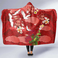 Hawaiian and Japanese Culture Together Hooded Blanket Red Ohia Lehua Plumeria and Sakura Blooming LT03 One Size Red - Polynesian Pride