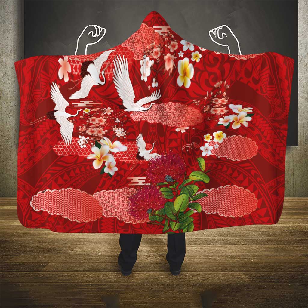 Hawaiian and Japanese Culture Together Hooded Blanket Red Ohia Lehua Plumeria and Sakura Blooming LT03 - Polynesian Pride