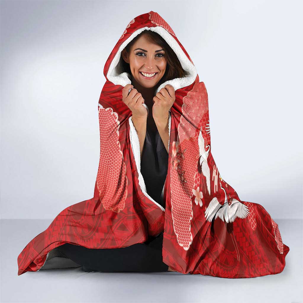 Hawaiian and Japanese Culture Together Hooded Blanket Red Ohia Lehua Plumeria and Sakura Blooming LT03 - Polynesian Pride