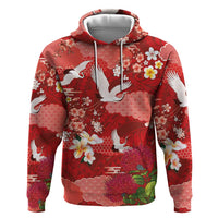 Hawaiian and Japanese Culture Together Hoodie Red Ohia Lehua Plumeria and Sakura Blooming LT03 Pullover Hoodie Red - Polynesian Pride