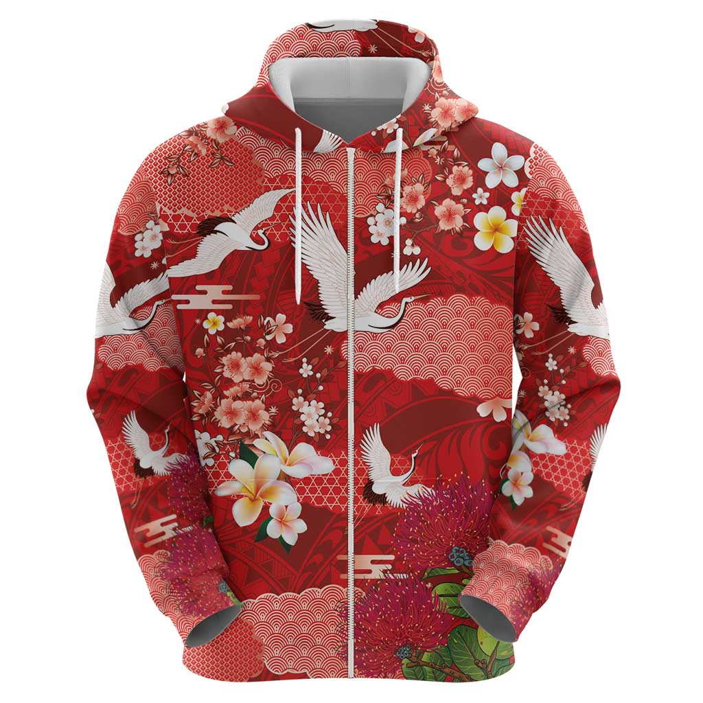 Hawaiian and Japanese Culture Together Hoodie Red Ohia Lehua Plumeria and Sakura Blooming LT03 - Polynesian Pride